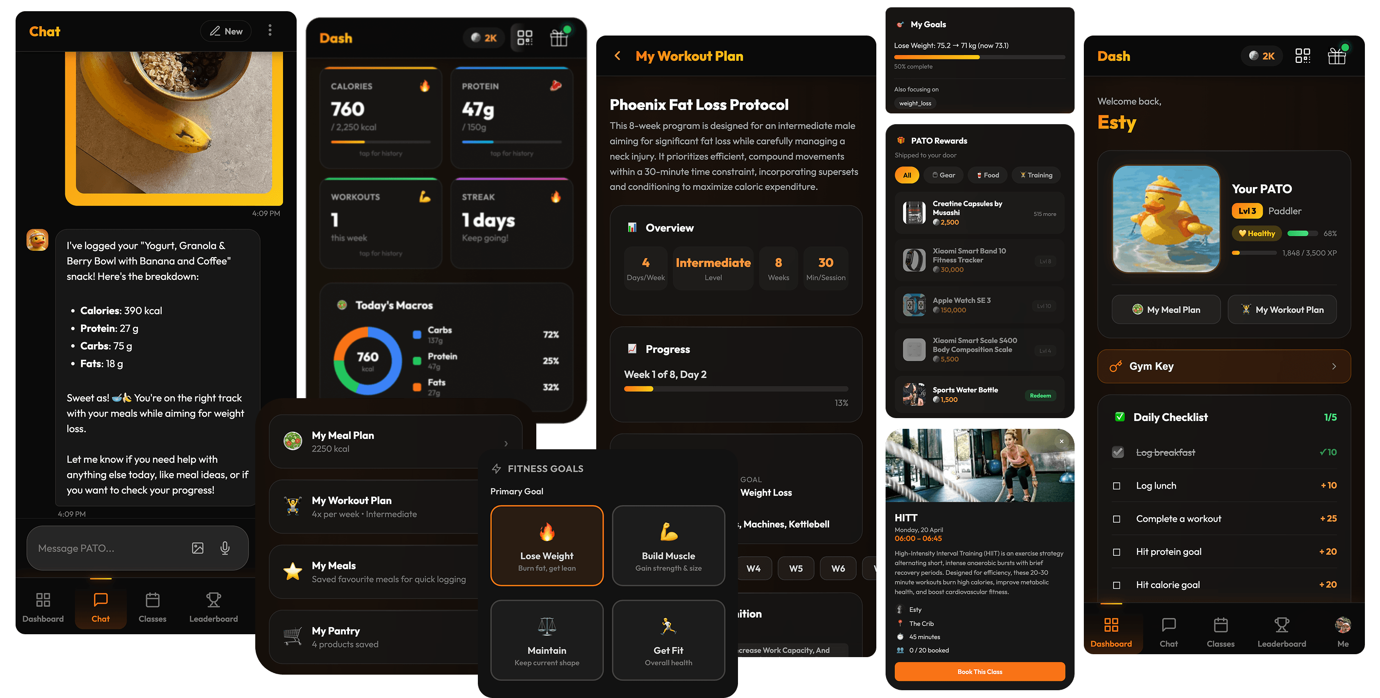 PATO App — Dashboard, Chat, Rewards, and Leaderboard screens